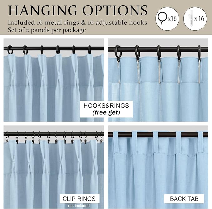 Light Blue Pinch Pleated Linen Curtains 45 Inch Length 2 Panels for Living Room Bedroom Cotton Textured Semi Sheer Drapes for Kitchen Farmhouse Style Spring Decor Back Tab Pleat Window Curtain 40x45
