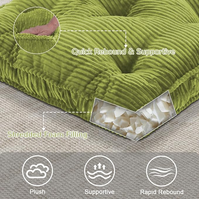 Meditation Floor Cushion Set of 2, 22x22 Tufted Floor Pillow for Adults, Square Large Meditation Cushion Pillow, Corduroy Sitting Pillow with Handle, Yoga Seating for Tatami, Light Green