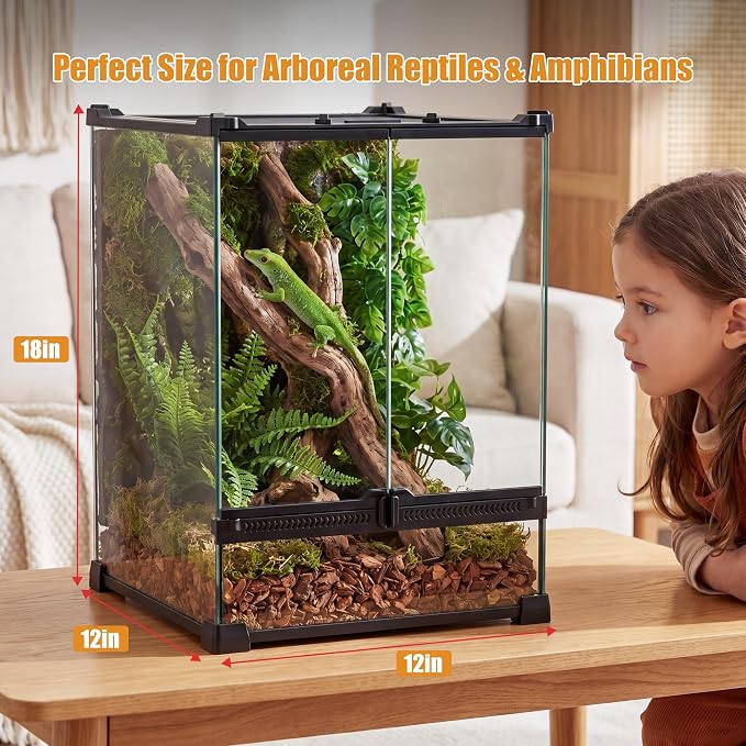 11 Gallon Fully Assembled Glass Reptile Enclosure,12"x 12" x 18" | Front Opening Tall Reptile Terrarium Tank for Crested Geckos, Tree Frogs & Other Arboreal Reptiles and Amphibians