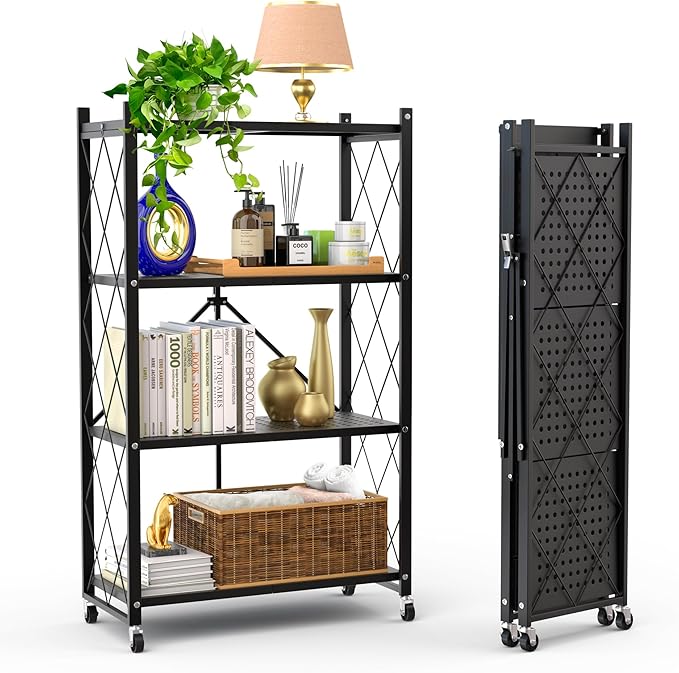 Our Modern Space 4-Tier Foldable Storage Shelf with Wheels | Metal Rack Collapsible Shelving Display | Rolling Cart for Books Kitchen Storage Shelves | Pantry & Closet Organizer | Office Room Decor