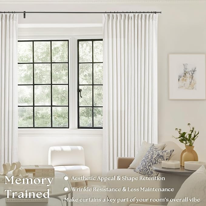TWODRAPES 86 Inch Pinch Pleated Linen Curtains 2 Panels for Living Room Bedroom Memory Training Shaped Semi Sheer Pleat Drapes with Hooks Rings Light Filtering Window Curtain 40x86 Beige White