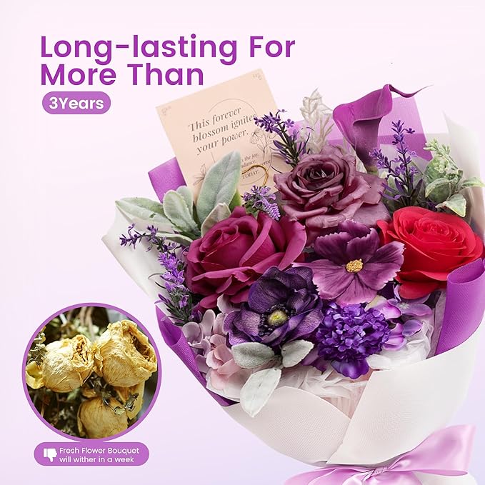 TINGE TIME Mothers Day Preserved Flowers Bouquet, Forever Flowers Gifts for Mom, Birthday Gifts for Women, Eternal Roses Bouquet for Grandma Wife Anniversary Graduation(Purple)