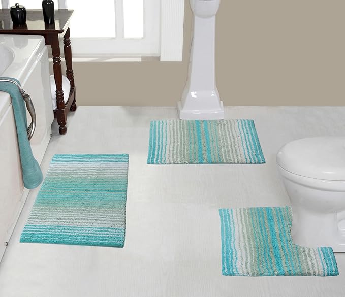 Home Weavers 100% Cotton Gradiation Collection Bathroom Décor, Washable Rug, Bathroom Mat, Kitchen Mat, Bathroom Rug Set, Bath Mat Set, Bath Floor Mat Non Slip, 3 Piece Set with Contour, Turquoise
