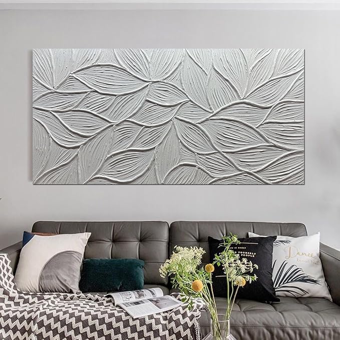 Art8YuQi Paintings - Contemporary Abstract Art leaf Oil Painting On Canvas Texture 3D White Painting Plantain Handmade Artwork Picture Canvas Wall Art Modern Home Decor living room Ready to Hang (24X48 inch)