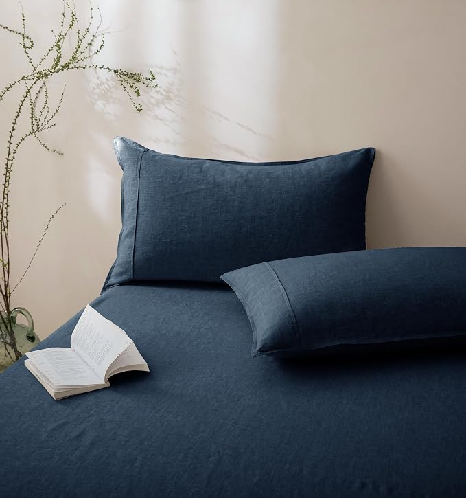 Talasily 100% French Linen Pillow Case Standard Size Set of 2,Oeko-TEX Certified Stone Washed Flax Pillow Shams with Envelope Closure - Breathable & Cooling for Hot Sleepers（Navy Blue,20''x26''）