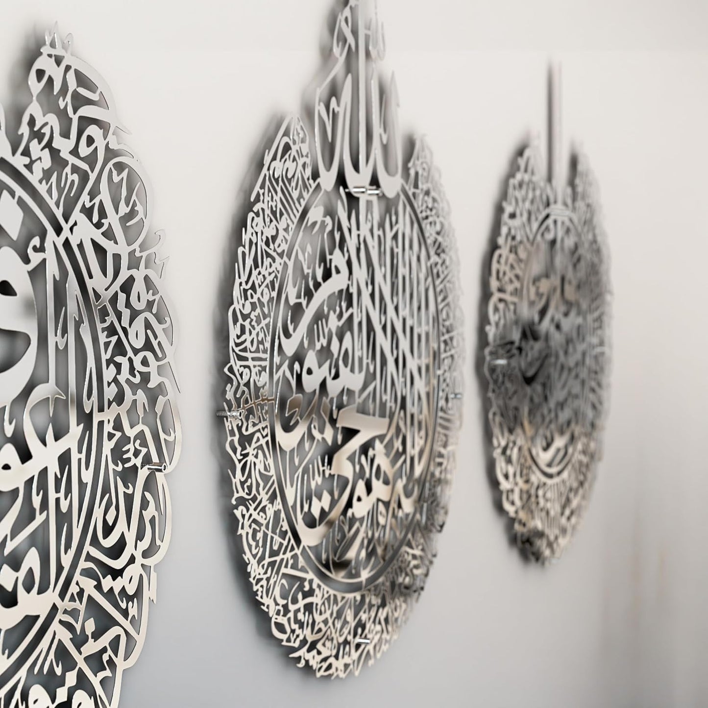 IWA CONCEPT Metal Set of Ayatul Kursi, Surah Al Falaq and Surah An Nas,Islamic Ramadan Wall Decorations,Modern Muslim Housewarming Gift,Arabic Calligraphy,Quran Wall Art,(Shiny Silver, Large)