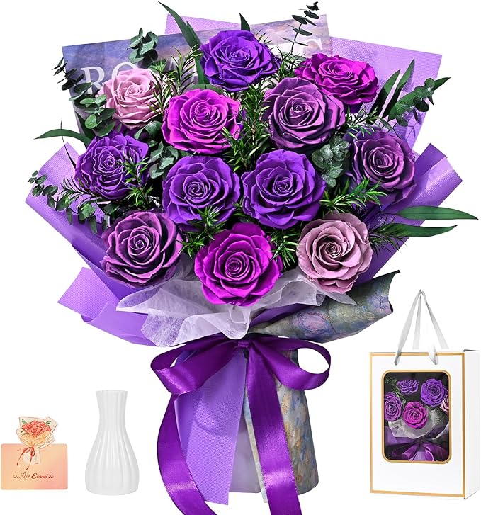 Flowers for Delivery Prime 12 Roses, Mothers Day Flowers for Mom, Mothers Day Gifts, Forever Roses Preserved Purple Flower Bouquet Eternal Rose Birthday Gifts for Women Gf Gifts Wedding Anniversary