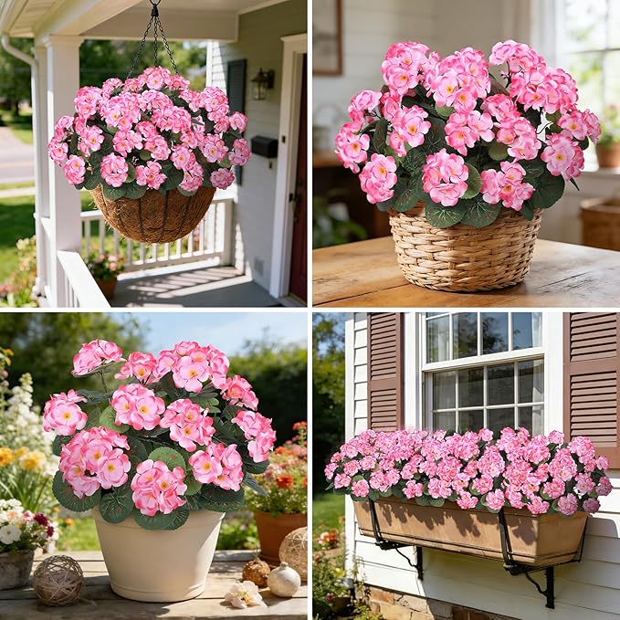 Ouddy Decor Artificial Geranium Flowers for Outdoors, Fake Silk Flowers UV Resistant Faux Geraniums for Vase Planter Garden Patio Balcony Porch Indoor Outdoor Spring Summer Home Decor, 24 Pcs Pink