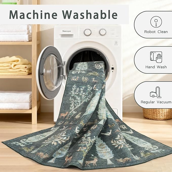 Srugn Washable Rugs 8x10 Area Rugs for Living Room,Bedroom,Dining Room- Large Ultra Soft Faux Wool Retro Carpet,Non Slip&Non-Shedding Low Pile Vintage Print Rug for Home Office Dorm-Dark Green