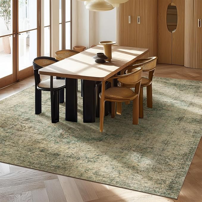 Machine Washable Rugs for Living Room: 6x9 Area Rugs for Bedroom Ultra Soft Non-Slip Low Pile Vintage Distress Boho Large Carpet for High-Traffic Dining Room - Farmhouse Decor