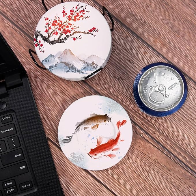 Drink Coasters for Drinks Set of 6, Traditional Oriental Ink Painting Absorbent Round Ceramic Stone Mat Coaster, with Cork Base and Metal Holder, Home Bar Decor House Warming Gift