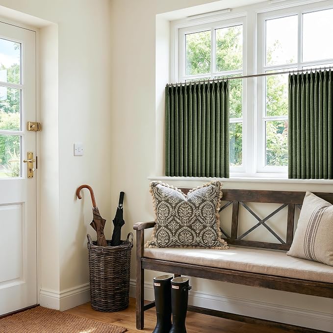 Short Pinch Pleated Curtains 24 Inch Length Olive Green Vintage Light Filtering Thick Linen Small Window Curtain for Kitchen Dining Room Aesthetic Semi Sheer Privacy Back Tab Pleat Drapes 24 Inches