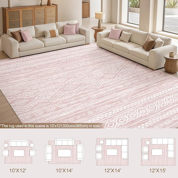 Tortania Area Rug Living Room Rugs- 10x14 Washable Large Soft Neutral Boho Moroccan Bohemian Farmhouse Rug Indoor Floor Carpet for Bedroom Under Dining Table Home Office Decor - Pink