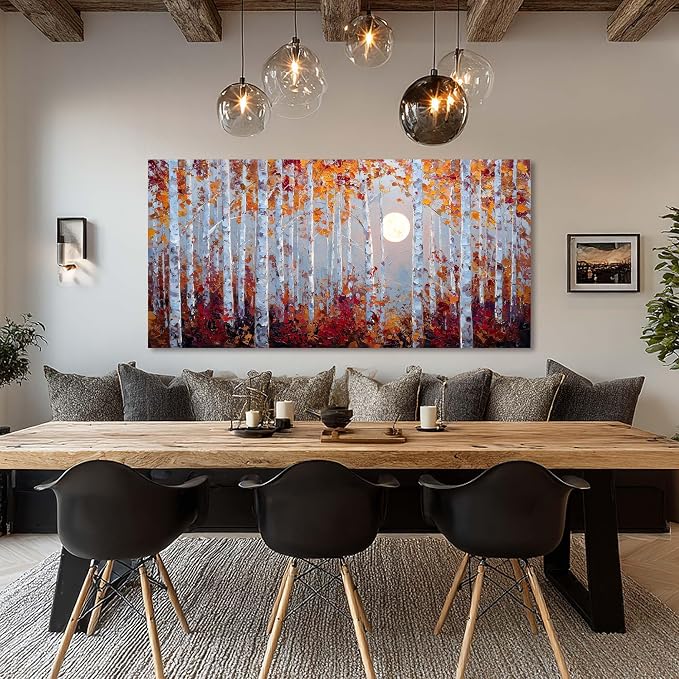 Ggaafet Birch Forest Wall Art for Living Room Canvas Oil Painting Prints Beautiful Moon Night Art Deco Modern Artwork Office Bedroom Family Dining Room Decor Extra Large
