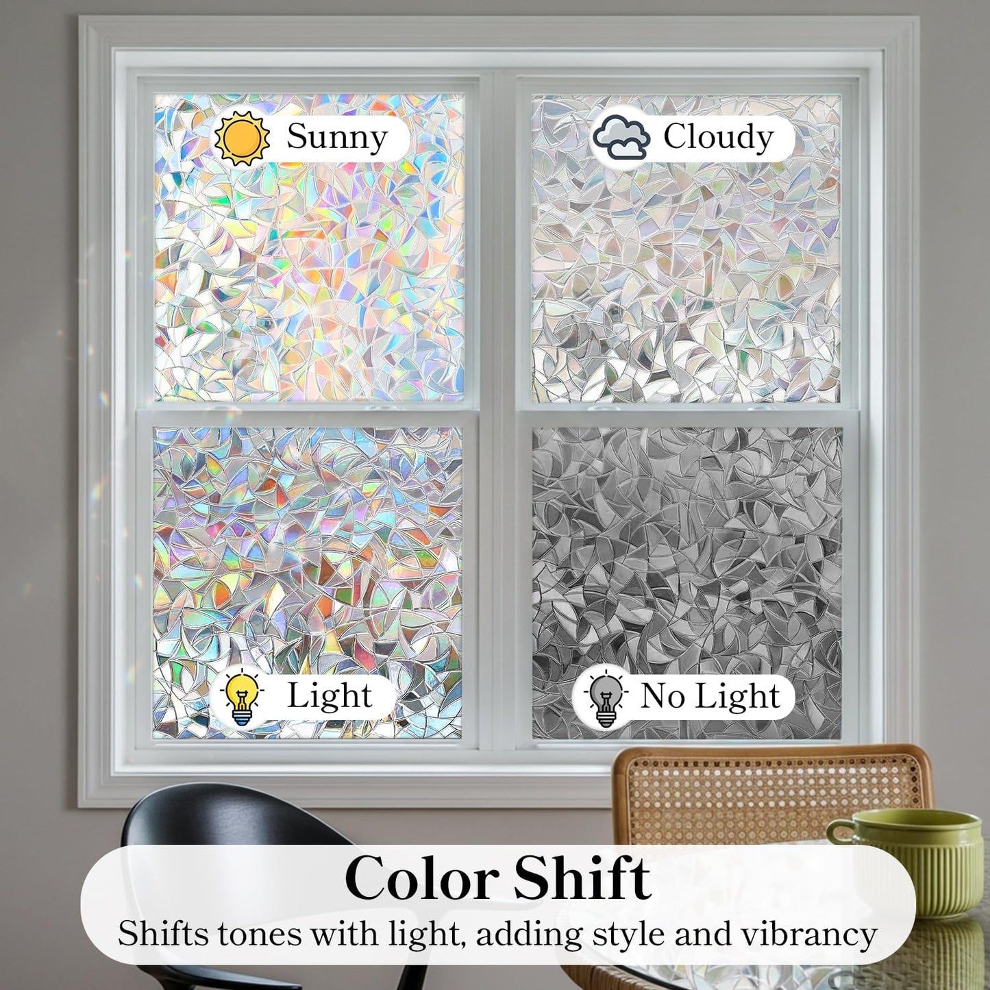 DUOFIRE Window Privacy Film, Rainbow Window Clings for Glass Windows, Stained Glass Film Decorative, 3D Decals Cover, Suncatcher Static Cling Sticker for Home, 35.4 x 78.7 inch