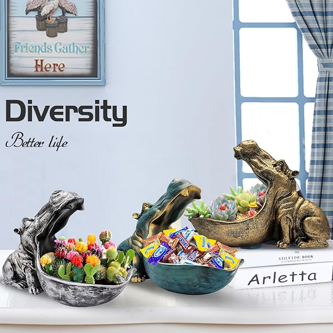 aboxoo Hippo Statue,Large Hippopotamus Figurine Home Sculpture with Resin, Hippo Candy Jar, Candy Dish Bowl for Office Desk, Key Bowl for Entryway Table,Container Storage Art Decor Box(Dark Blue)