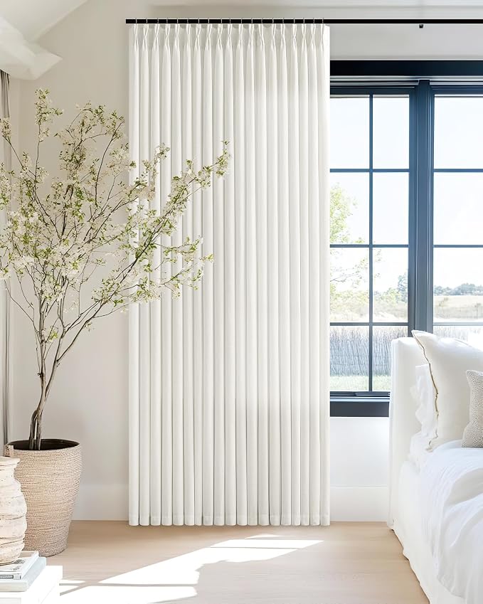 Natural Beige Semi Sheer Pinch Pleated Linen 70 Inch Extra Wide Curtains | Cream Ivory Neutral, 96 inch Long, Light-Filtering Privacy, Living Room, Memory Shape Hook Rings, Boho Modern, Faux Textured