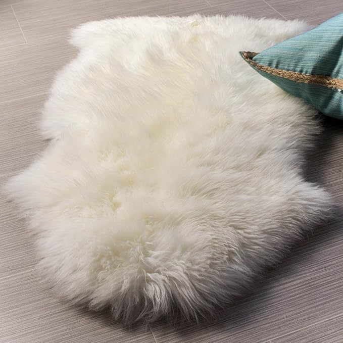 Premium Genuine Fur Sheepskin Rug - Real N.Z. 100% Sheepskin Natural Luxury Fluffy Lambskin Fur Area Rug - Seat Cover for Sofa Chair and Bedroom - 2' W x 3'L - Natural Creamy White Wool