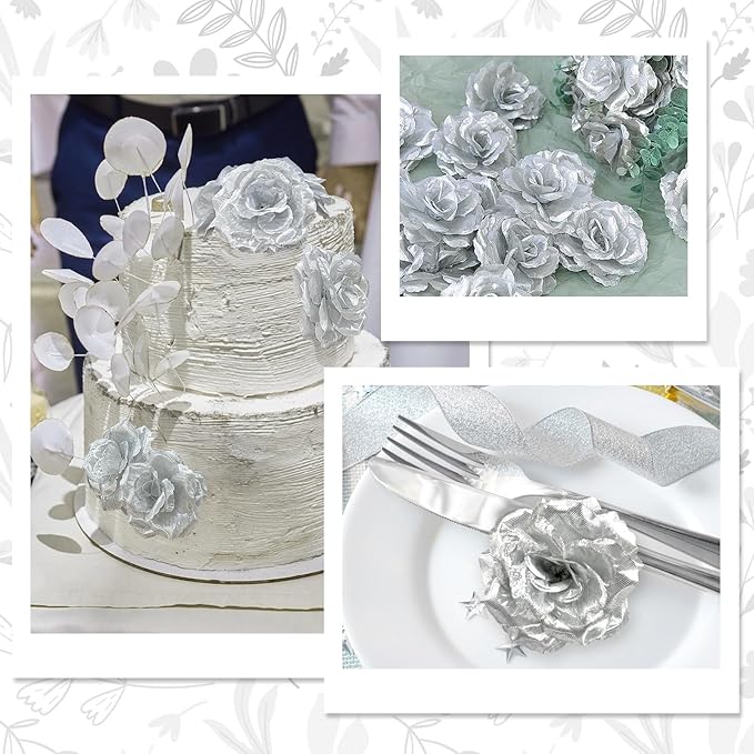 LELEE Artificial Rose Flowers Head with Stem - 108pcs Silver Artificial Flowers Rose Bulk - Silk Rose Fake Flower for Wedding Bouquet Party Home Decor DIY Baby Shower Centerpieces Tables Decoration