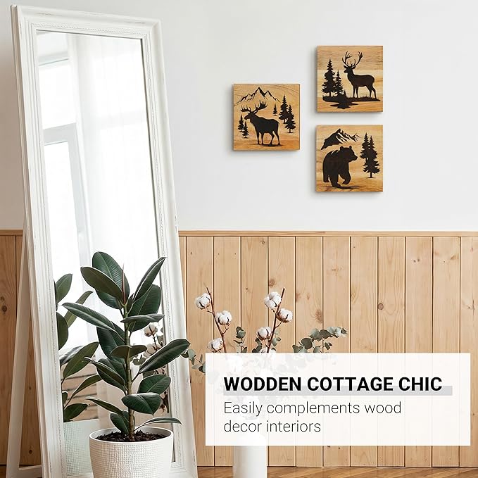 HomeRustique Real Wooden Cabin Decor with Bear, Deer & Moose (Set of 3) - Rustic Mountain & Forest Wall Decor, Woodland Lodge Art for Home, Living Room, Hunting Theme or Bathroom
