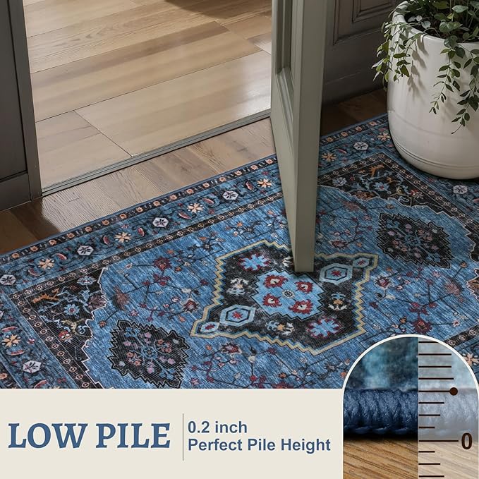 Tangsoo Blue 5x7 Area Rug Washable Rugs for Living Room, Oriental Indoor Non Slip Large Area Rugs, Vintage Print Carpet, Soft Low Pile Foldable Floor Rug for Bedroom Dining Room Dorm Blue/Black