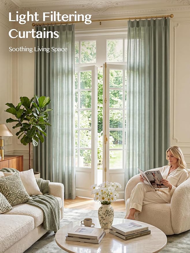 Liz Pinch Pleated Linen Curtains Light Filtering Curtains for Living Room, Farmhouse Window Curtains for Bedroom, Modern Drapes with Hooks and Rings, 90 Inches Long, Sage Green, 2 Panels Set