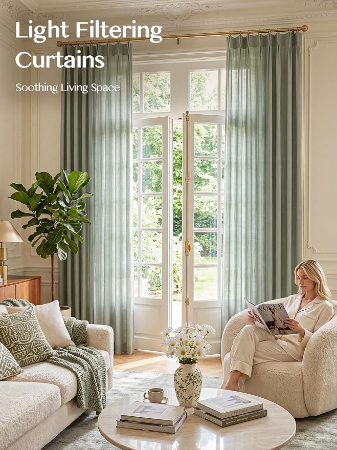 Liz Pinch Pleated Linen Curtains Light Filtering Curtains for Living Room, Farmhouse Window Curtains for Bedroom, Modern Drapes with Hooks and Rings, 108 Inches Long, Sage Green, 2 Panels Set