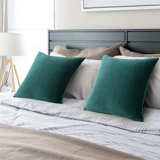 YCOLL Teal Pillow Covers 18x18 Set of 2 Velvet Striped Pattern - Soft Throw Pillows for Home Decor, Luxury Decorative Pillow Covers for Couch, Bed,Living Room