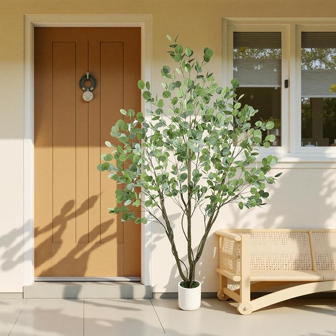 Caxchiling Large Artificial Eucalyptus Tree 6FT, Indoor Outdoor Faux Tree | Natural Trunk with White Planter for Home Office Living Room Front Door Decor
