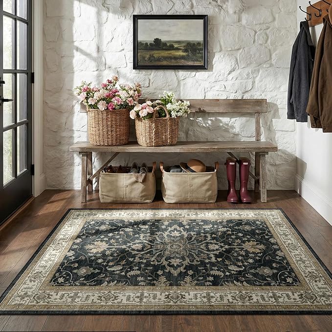 RELEANY Area Rugs 3'x5' Washable Non-Slip, Floral Vintage Distress Print Pattern Medallion Carpet for Living Room Bedroom Dining Room, Vintage Black Brown Neutral