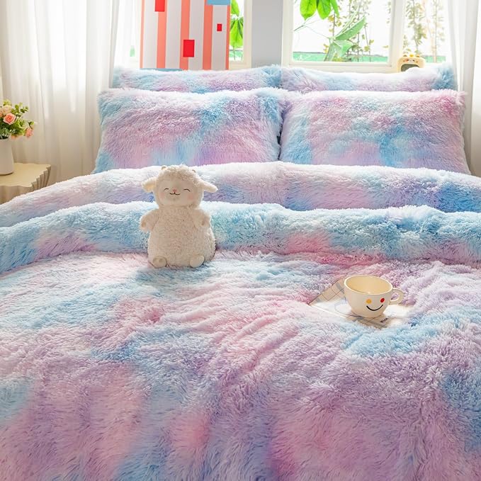 chovy Faux Fur Plush Tie-Dyed Colorful Blue Comforter Sets Full/Queen - Ultra Soft Shaggy Flannel Velvet Fluffy Fuzzy 3PC Bedding Set （Comforter x 1 Pillowcases x 2）