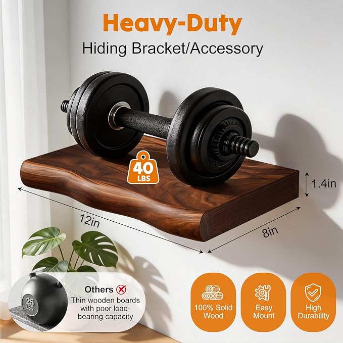 Solid Wood Live Edge Floating Shelves Set of 2 – 12" Rustic Wall Shelf with Hidden Bracket System, Wall Mounted Shelves for Bathroom, Kitchen, Living Room, Bedroom (Walnut)