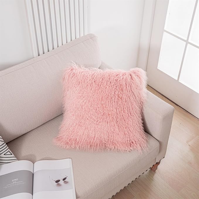 Real Tibetan Mongolian Lamb Fur Pillow Cover Sheepskin Wool Fur Decorative Throw Pillow Case Cushion Cover,Pink, 16''x16''