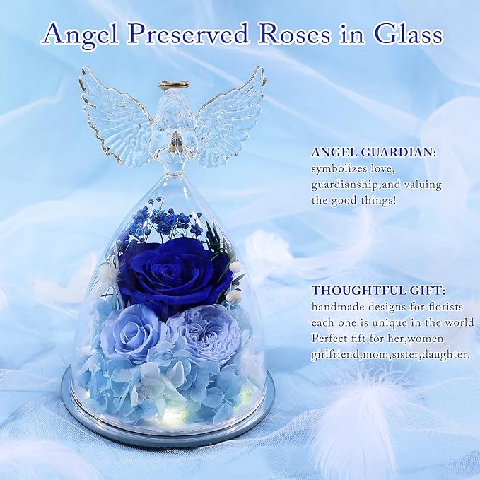 FIACO Gifts for Women Preserved Rose Forever Flower Rose in Glass Angel Figurine Preserved Fresh Flowers for Delivery Prime Mothers Day Birthday Gifts for Mom Grandma Wife Sister Blue