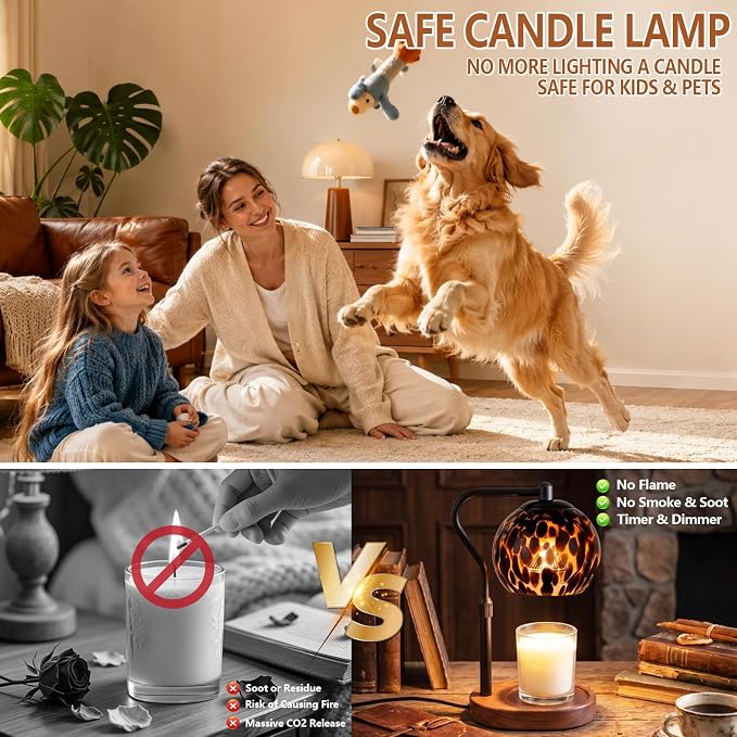 Candle Warmer Lamp with Timer & Dimmable Brightness Levels, Adjustable Height Wax Melt Lamp for Jar Candles, Tortoise Shell Glass Shade with Wooden Base, House Warming Decor Gifts Mothers Day Gifts
