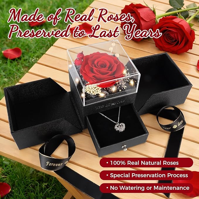 TranquilBliss Gifts for Mom, Preserved Real Red Rose Gift Box with Heart Necklace,“I Love You” in 100 Languages, I Love You Eternal Flowers Rose Gift Set for Mother's Day, Anniversary