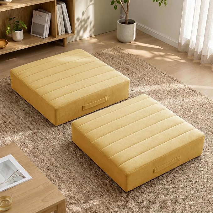 JKMAX 2 Pcs High Density Foam Floor Pillow - Upgraded Large Pillows Seating for Adults - Outdoor Floor Cushion with Soft Tufted Cover - Yoga Pillows for Sitting On Floor - 22 Inch Yellow