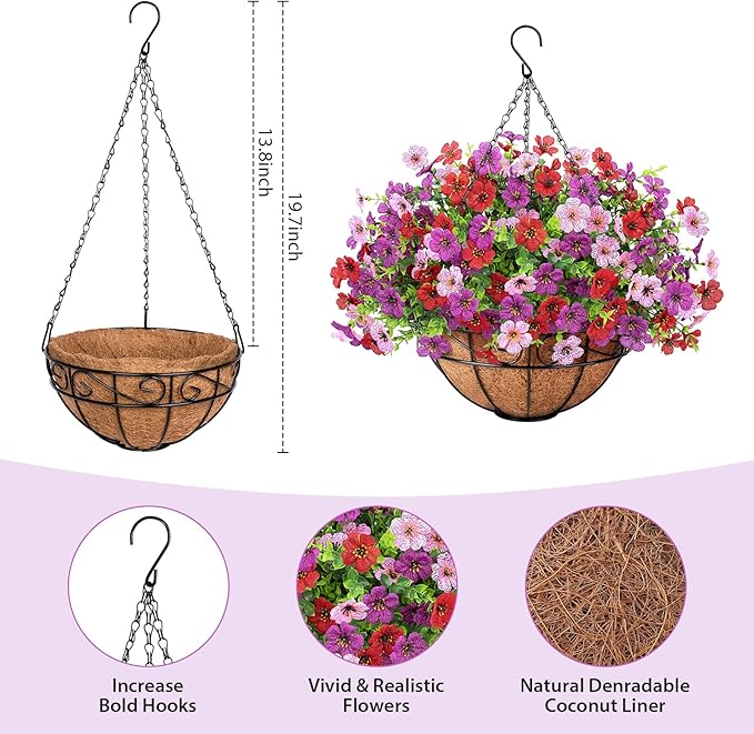 Artificial Fake Hanging Flowers Plants Basket Outdoors, Faux Silk UV Resistant Look Real Daisy Eucalyptus for Spring Summer Garden Porch Home Patio Balcony Yard Decorations, Red Purple Pink