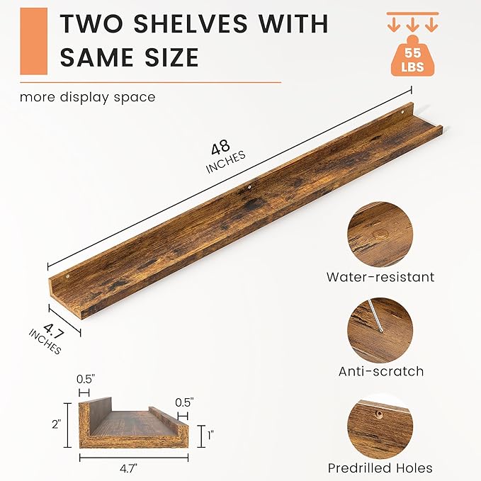FLYJOE Picture Ledge Shelf, Floating Shelves Set of 2, 48 Inches Long Large Nursery Book Shelves for Toys Storage, Kids Bookshelf Wall Mounted for Living Room Bedroom Decor Books Photo Frames,Brown