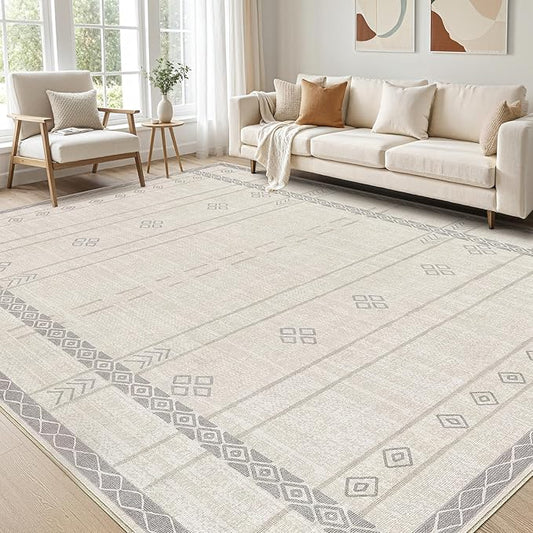 cotiled 5x7 Area Rug Living Room: Washable Boho Rugs with Non Slip Backing Large Soft Indoor Stain Resistant Carpet for Bedroom Farmhouse Dining Room Lightweight Home Decor Grey Beige