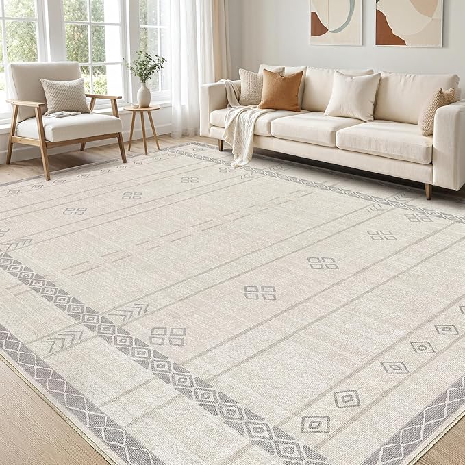 cotiled 6x9 Area Rug Living Room: Washable Boho Rugs with Non Slip Backing Large Soft Indoor Stain Resistant Carpet for Bedroom Farmhouse Dining Room Lightweight Home Decor Grey Beige
