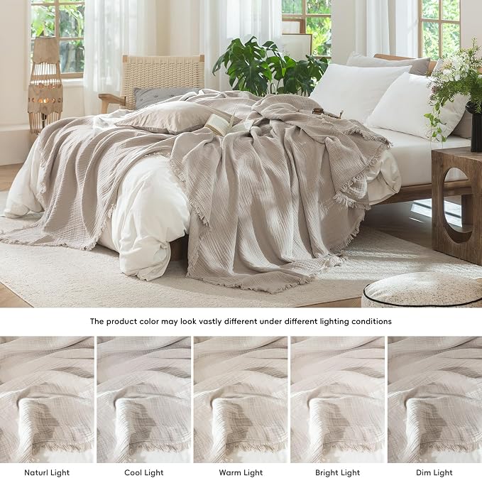 MooMee Muslin Blanket - 100% Cotton 4-Layer Gauze Throw Blanket with All-Around Fringe, Soft Breathable Lightweight Cooling Summer Blankets for Bed Couch (Cream Grey,Queen 90" x 90")