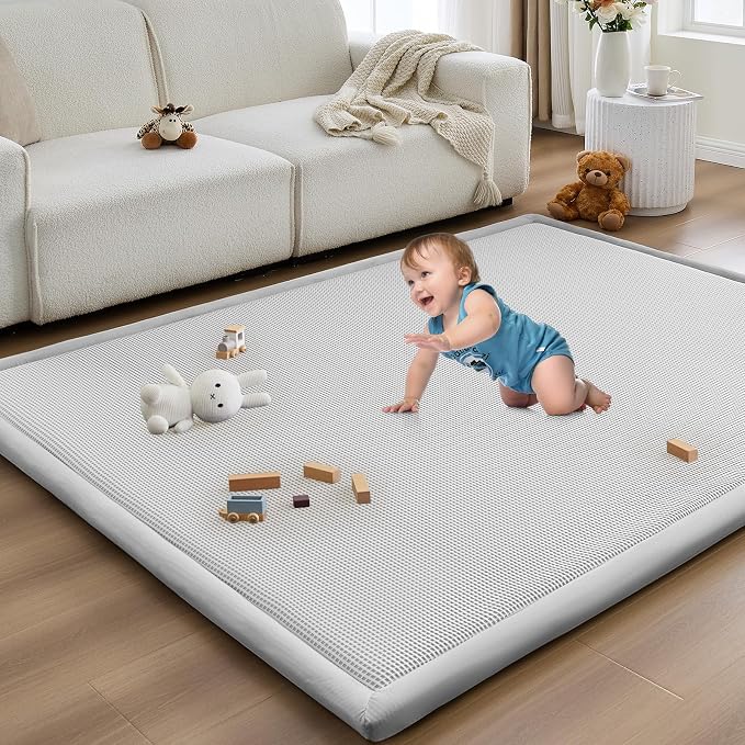 Baby Play Mat for Floor Tummy Time Nursery Rug Muscle Area Rug Playroom Rug 79x110" Elastic Foam 1.3" Thick Crawling Mat for Babies,Toddlers, Infants,Kids(Plaid Light Grey)