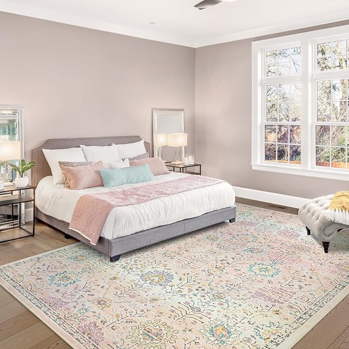 Lahome Girls Bedroom Pink Rug 6x9, Soft Washable Floral Area Rug, Non Slip Light Pink Carpet for Dorm Room, Playroom, Kids Room, Nursery and Classroom Decor