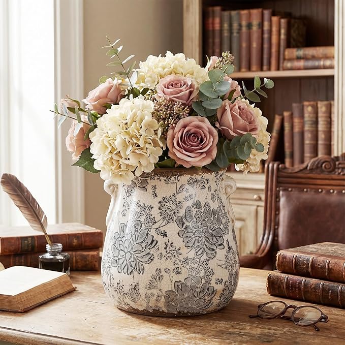 Ceramic Scroll Planter 6.5 Inch Chinoiserie Floral Vase with Drainage Holes Vintage Flower Vase Flower Pot Rustic Ceramic Pots for Indoor Plants Garden Home Bookshelf Decor(Gray)