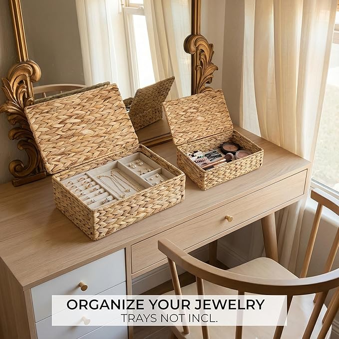 Decorative Storage Boxes with Lids - Set of 2 Beautiful Wicker Organizer Bins for Your Shelves & Home Decor - Safely Store Your Photos, Documents, and Memory Box Keepsakes in a Stylish Rattan Design