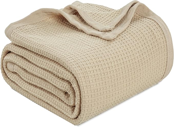 TreeWool Premium 100% Cotton Waffle Summer King Blanket (90"x108", Beige) | 420 GSM Breathable Lightweight Moisture Wicking Soft Knit Thermal Blanket for Bed or Sofa All-season Comfort Machine Washable