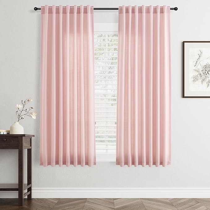 Jowels Pink Linen Curtains 60 Inch Long 2 Panels for Living Room | Light Filtering Semi Sheer Curtain, Back Tab Pocket Pleated Look, Boho Farmhouse Textured Privacy Drapes for Bedroom Window