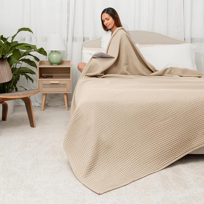 Comfy Cubs Waffle Blanket Queen, 90" x 90" - 100% Cotton Lightweight Breathable Bed Blanket - Soft Textured Thermal Weave for All Seasons – Decorative Cozy Layer for Couch, Sofa, or Bed - Sand
