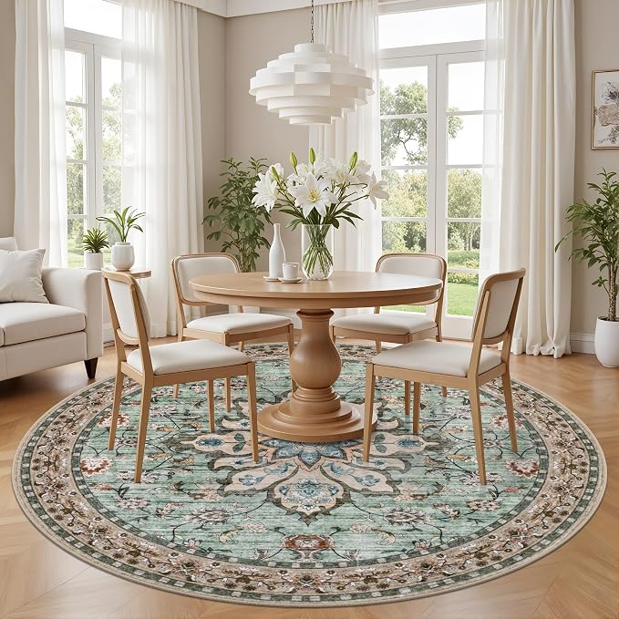 Round Area Rug for Living Room: 4 ft Washable Vintage Boho Soft Thin Circle Rug Indoor Floor No Slip Stain Resistant Carpet for Bedroom Dining Room Farmhouse Nursery Home Office - Brown Green